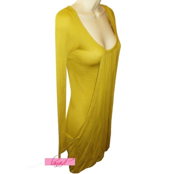 Nordstrom Mustard Blouson Scoop Draped Ruched Wrap Long Sleeve Mini Dress Tunic - Picture 3 of 5